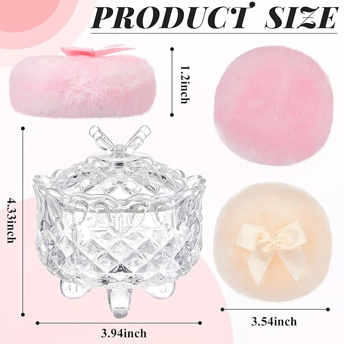 Tioncy 3 Pcs Large Body Powder Puff and Container Powder Container with Puff Powder Puff Crystal Container Soft Washable Reusable Velour Face Body Glitter Powder Puff Wet Dry Makeup (Clear,Butterfly)