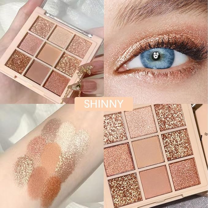 9Colors Champagne Rose Gold Eye Shadow Palette Makeup,Shimmer Pink Eyeshadow Palette Nude Glitter Sparkly Eye Shadows Long Lasting Waterproof Blendable Naturing-Looking