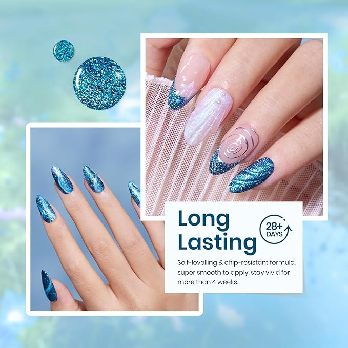 Beetles Blue Gel Nail Polish Set, 6 Colors Shimmer Glitter Jelly Gel Polish Chameleon Pearl White Swirl Shell Thread Effect Winter Nails Ice Blue Collection Soak Off UV Gift for Women