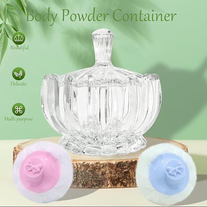 3 Pcs Large Body Powder Puff and Container,Glass Reusable Box Crystal Case Jar with Soft Puff Pumpkin Shaped