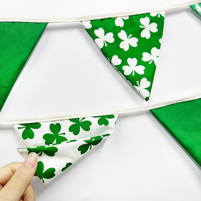 2 Sets of Shamrocks Nursery Garland 20Pcs Green Plaid Clover Pennant Banner Flags Fabric Linen Triangle Streamers for St Patrick's Day Party Decorations Spring Birthday Baby Shower Baby Bedroom Decor