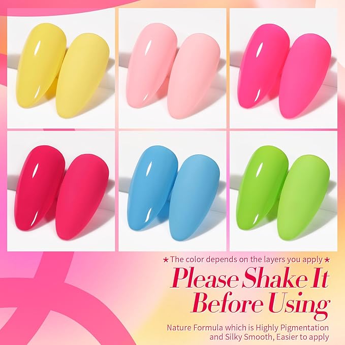 Born Pretty Neon Gel Nail Polish Spring Summer Hot Pink Green Blue Yellow Bright Rainbow Candy Sweet Color Gel Polish Kit Nail Art Manicure DIY Home Salon 6PCS