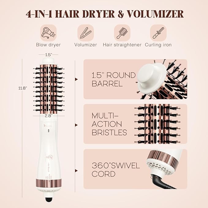 1.5 Inch Barrel Round Brush Blow Dryer (2.8’’ Plus Bristles), Negative Ionic One Step Volumizer Dryer, 4-in-1 Hot air Brush-Not for Europe Travel