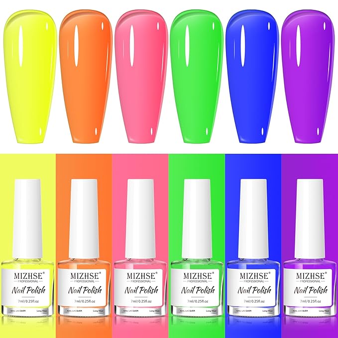 MIZHSE Quick Dry Nail Polish Set: Neon Colors Nail Polish Air Dry Fast, Fluorescent Fingernail Polish Non-Gel Yellow Orange Green Fast Drying Nail Lacquer Gift for Women Girls