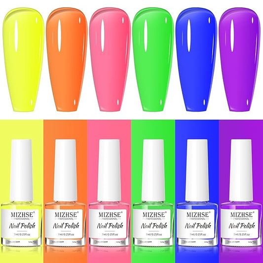 MIZHSE Quick Dry Nail Polish Set: Neon Colors Nail Polish Air Dry Fast, Fluorescent Fingernail Polish Non-Gel Yellow Orange Green Fast Drying Nail Lacquer Gift for Women Girls