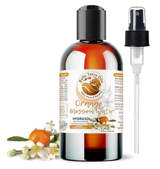Bella Terra Oils - Organic Neroli Water 8 oz - A Gem of Hydrosol Waters, Infused with Limonene & Linalool, Revel in the Magic of Orange Blossom Toner