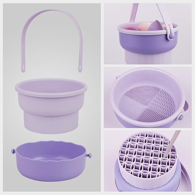 3 in 1 Silicone Makeup Brush Cleaner Bowl, Make up Brush Cleaner Mat with Makeup Brush Drying Holder and Comestic Brush Organizer, Paint Brush Cleaner