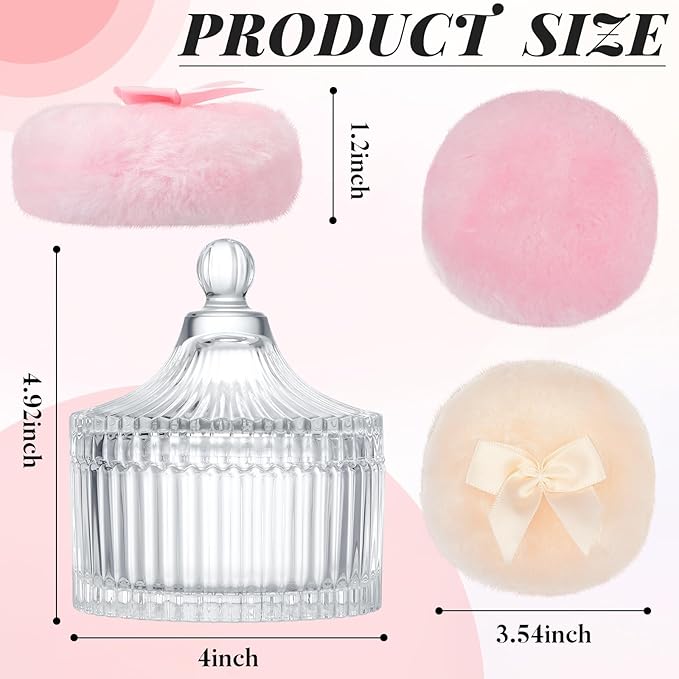 Tioncy 3 Pcs Large Body Powder Puff and Container Powder Container with Puff Crystal Case Soft Washable Reusable Velour Face Body Glitter Wet Dry Makeup(Simple,Clear)