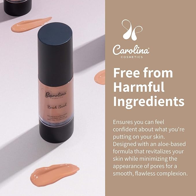Carolina Cosmetics - Foundation in Beach Sand Shade Plant-Based - Hydrating, Pore-Minimizing & Buildable Coverage - Vegan, Non-GMO, Paraben-Free - 1oz