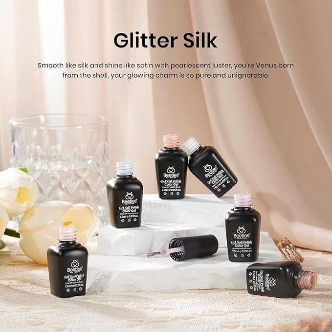 Beetles Pearl Gel Nail Polish – Glitter Silk 6 Colors Gel Polish Set, Pastel Pink White Orange Blue Colors Shimmer Mermaid Shell Swirl Thread Effect Soak Off UV LED Gift for Women