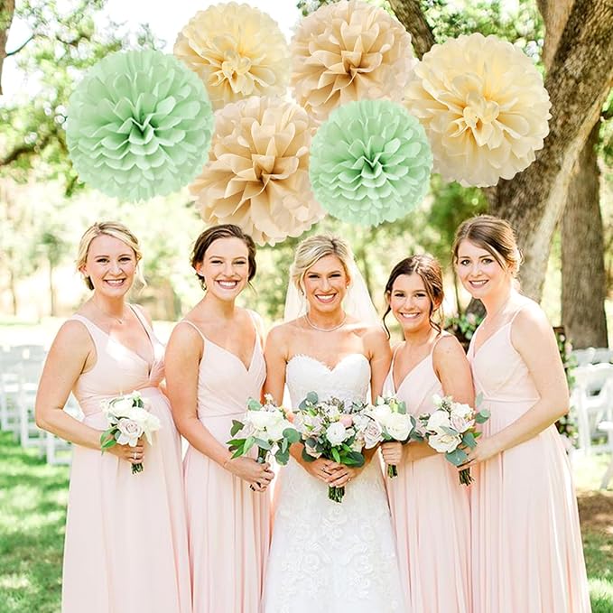 Sage-Green Gold-Champagne Party Decorations - 23pcs Neutral Birthday Baby Shower Tissue Pom Poms Streamers, Boho Wedding Bachelorette Engagement Tassel Garland Banner,Bridal Decor Suppilies Ouruola