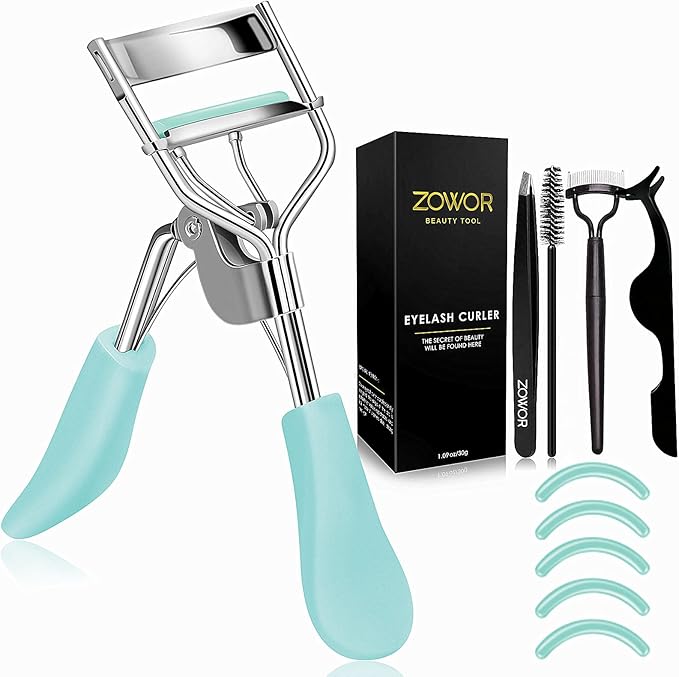 Eyelash Curler with Comb and Brush Fit All Eye Shape Curved Eyelash Curlers with 5PCS Silicone Refill Pad,Natural and Long Lasting Lash Curler for Women Make Up Gift(Blue)