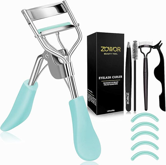 Eyelash Curler with Comb and Brush Fit All Eye Shape Curved Eyelash Curlers with 5PCS Silicone Refill Pad,Natural and Long Lasting Lash Curler for Women Make Up Gift(Blue)