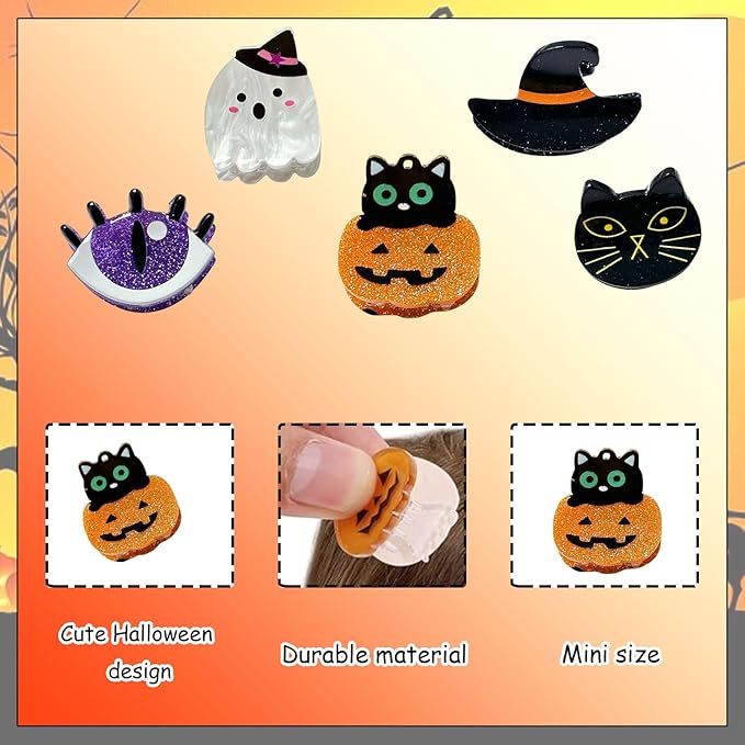 10 Pcs Halloween Hair Claw Clips Cat Spider Small Claw Clip Forehead Bangs Broken Cute Ghost Pumpkin Eyes Hat Shape Non Slip Mini Hair Clips Alloy Side Barrettes for Women Thin Medium Short Hair
