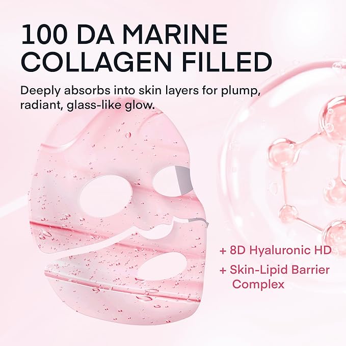 Terez & Honor Collagen Face Mask Overnight - 8 ea x 33g 100 Dalton Ultra Low Bio Collagen Gel Mask for Glass Glow Skin, Deep Hydration, Wrinkle, Fine Lines, Pore, Elasticity & Firming, Korean Skincare