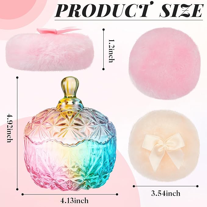 Tioncy 3 Pcs Large Body Powder Puff and Container Powder Container with Puff Crystal Case Soft Washable Reusable Velour Face Body Glitter Wet Dry Makeup(Chic,Colorful)