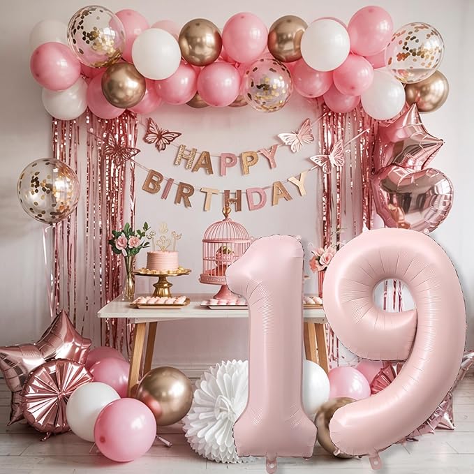 Pastel Pink 19 Balloon Number for Girls, 40'' Self Inflating Number 19 Balloons, Big Light Blush Pink Foil 1 & 9 Helium Balloon 19 for Women Boho Coquette 19th Birthday Party Anniversary Decorations