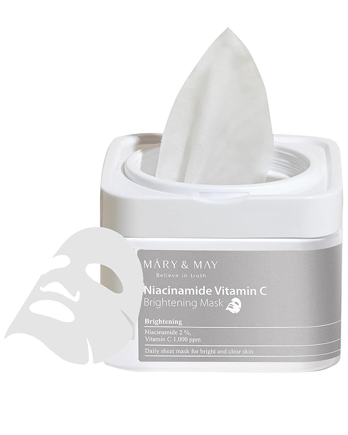 Mary&May Niacinamide Vitamin C Mask | 30 Sheets | Daily Korean Face Mask | Hydrates, Boosts Elasticity, Strengthens Skin Barrier & Reduces Dark Spots | Moisturizing & Firming Sheet Mask