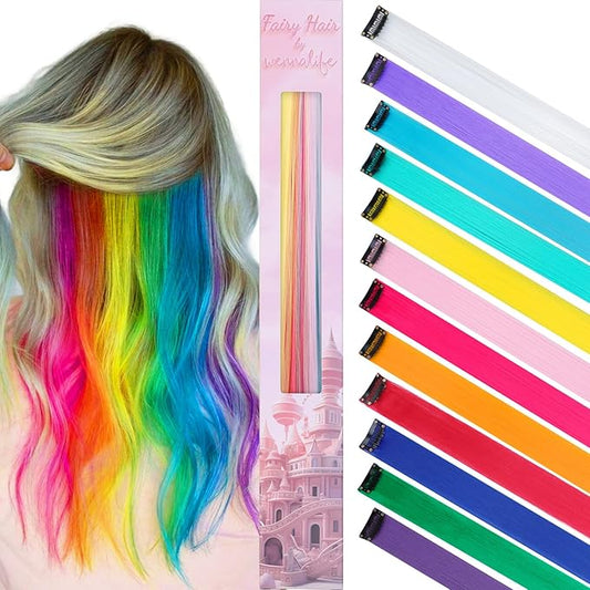 WENNALIFE 12 PCS Rainbow Hair Extensions Clip in, Colored Clip in Hair Extensions for Kids Highlights Rainbow Hair Clips for Girls Synthetic Straight Pop-up Style Colorful Girls Hair Accessories