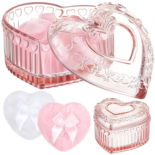 Tioncy 3 Pcs Large Body Powder Puff and Container Powder Container with Puff Crystal Soft Washable Reusable Velour Face Glitter Wet Dry Makeup(Pink,Heart)