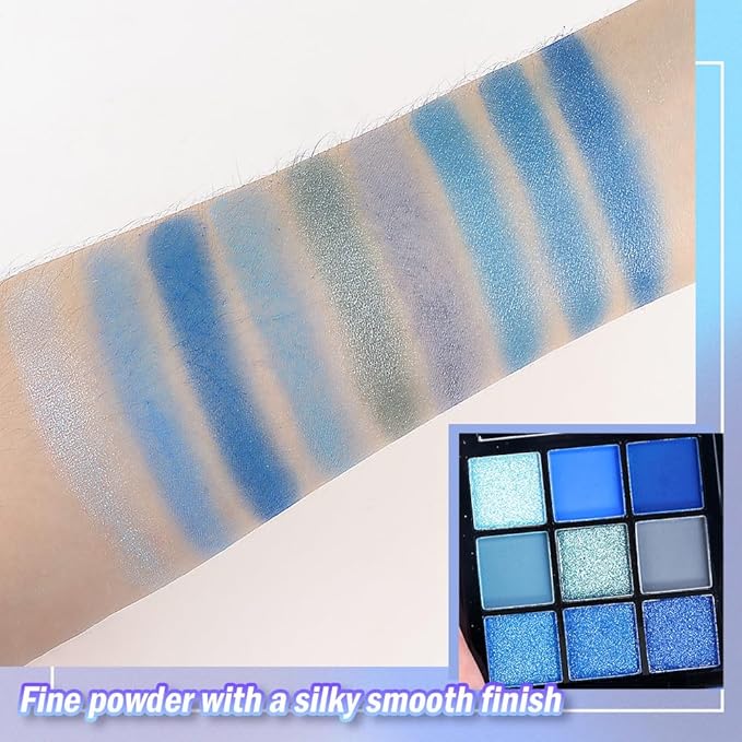 AMY'S DIARY Matte Shimmer Light Deep Blue Eye Shadow Palette Makeup,Eyeshadow Long Lasting Waterproof Cruelty-Free, 9 Blendable Shades in Smooth Finishes with Gorgeous Pearls for Girls (Blue)