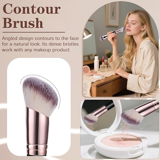 Dual-Ended Foundation Contour Brush - Professional Kabuki Face Blending Makeup Brush for Bronzer, Liquid, Cream, Powder, and Blush