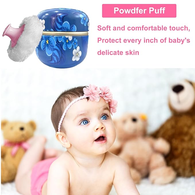 Body Powder Puff and Container for Dusting Powder, Women Powder Puff and Powder Case for Bath and Travel (Blue Season)