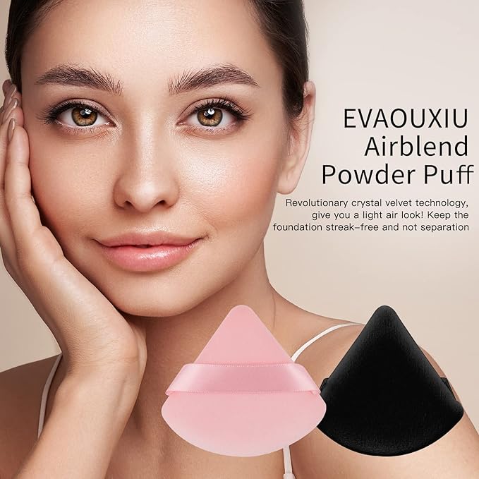 2 Pcs EVAOUXIU Triangle Powder Puff for Face Powder, Soft Plush Setting Powder Puff, Velour Cosmetic Foundation Blender Sponge Beauty Makeup Tools (Black&Pink)