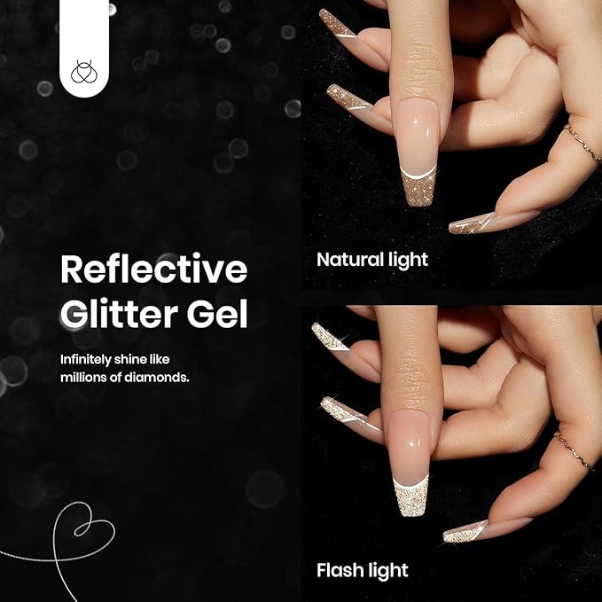 Beetles Reflective Glitter Gel Nail Polish Set, 6 Colors Holographic Sparkle Glitter Gel Polish Flash Diamond Sliver Gold Black Red UV LED Soak Off Manicure Gift for Women Girls