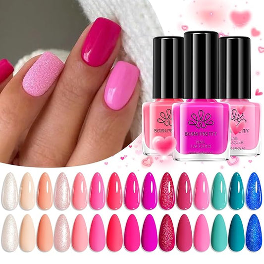 Born Pretty Pink Nail Polish Set Fingernail, 15 Colors Natural Pink Nude Neon Pink Hot Pink Bright Summer Quick Dry Nail Lacquer Glossy Nail Polish All Seasons Manicure Suitable Wedding Holiday