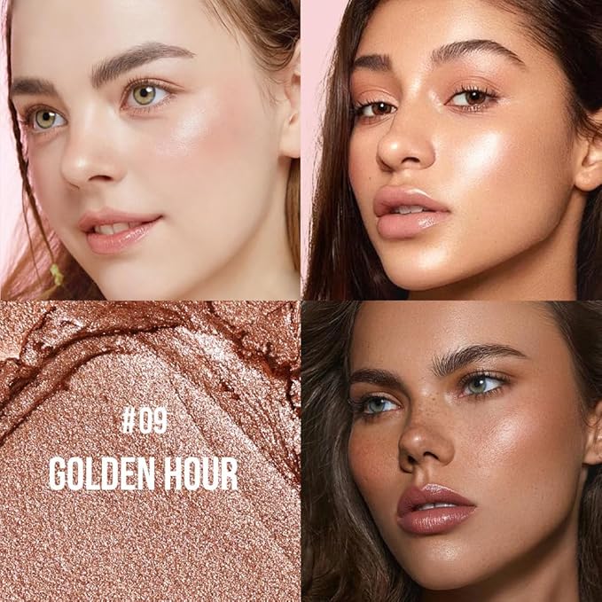 Multi-Use Waterproof Highlighter Stick with Brush – Unidollss 3-in-1 Cream Contour, Bronzer & Blush Stick for Cheeks, Eyes & Lips, Long-Lasting Glow, Easy Application(09 GOLDEN HOUR)