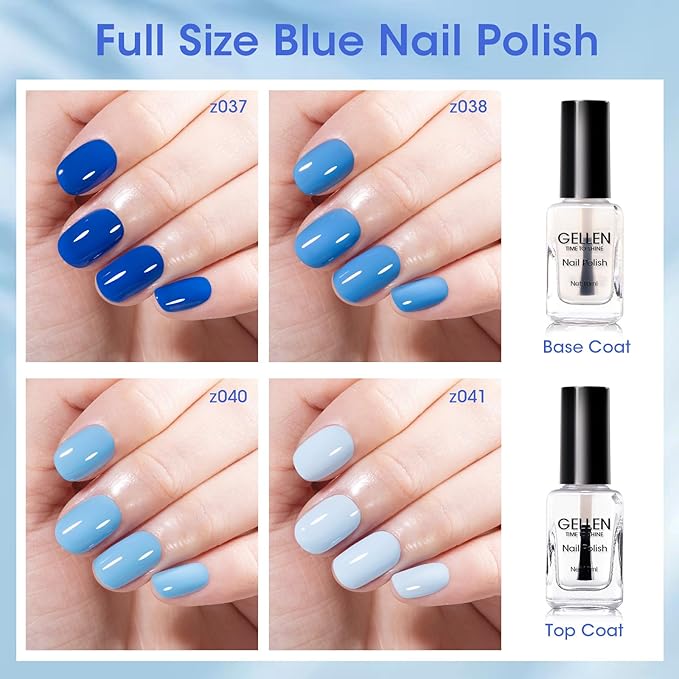 Gellen Blue Nail Polish & Clear Base Top Coat Nail Polish, Quick Air Dry Natural Regular Nails Polish Bright Baby Cobalt Ocean Blue 6pcs Set for Acrylic Natural Nails Home Salon, Non UV Gel, Hema Free