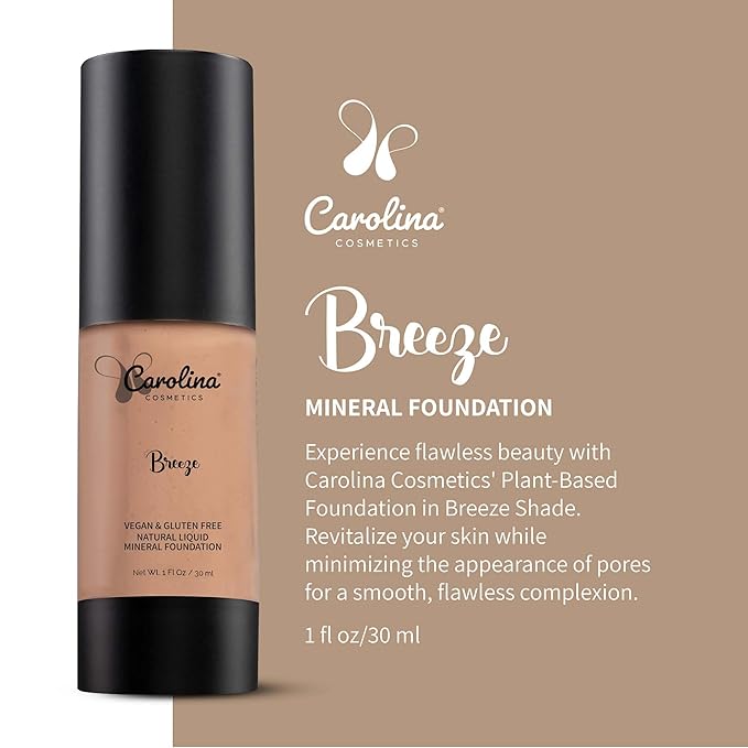 Carolina Cosmetics - Foundation in Breeze Shade Plant-Based - Hydrating, Pore-Minimizing & Buildable Coverage - Vegan, Non-GMO, Paraben-Free - 1oz