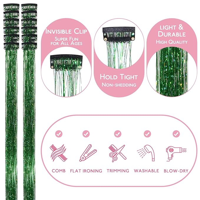 WENNALIFE Hair Tinsel kit for Girls, Clip in Green, 12PCS 24 Inch Hair Accessories for Women Clip in Colorful Glitter Tinsel Hair Fairy Girls Accessories for Kids