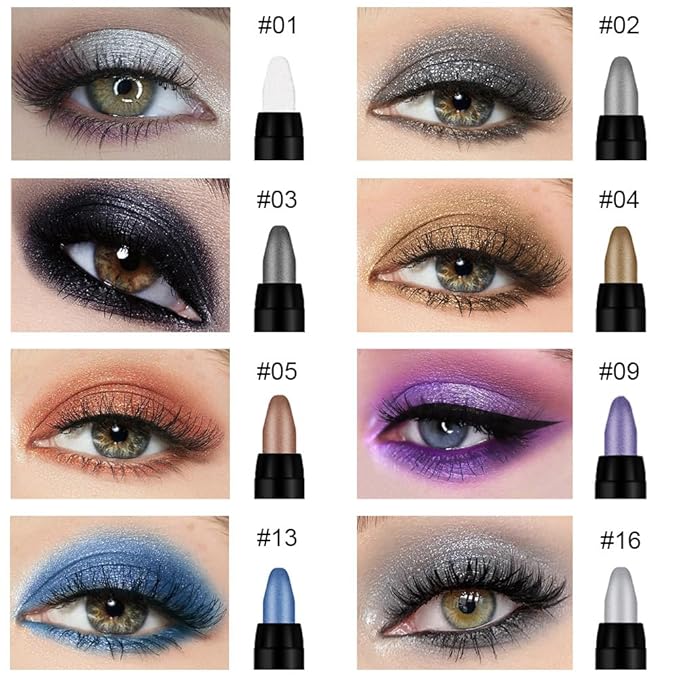 8Pcs Cream Eye Shadow Brightener Sticks Set for Eyes, Pearl White Smokey Black Gray Khaki Royal Blue Violet Purple Silver, Halloween Makeup, Matte Shimmer Eye Shadow Pencil Pen Crayon Waterproof 01