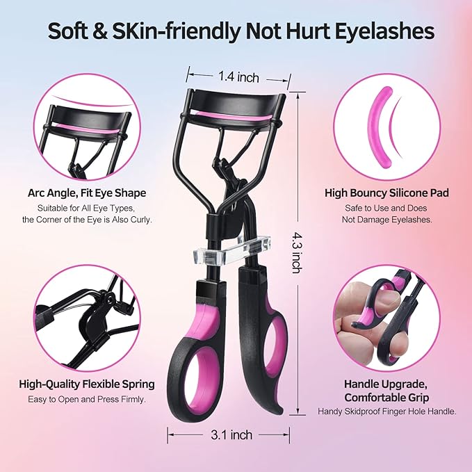 Eyelash Curlers Kit for Women w Lash Curler, Eyelash Comb Seperator, 3 in1 Mascara Brushes, Eyelash Extension Tweezers, Foldable Eyebrow Brush and Comb, 10 Silicone Refills Pads