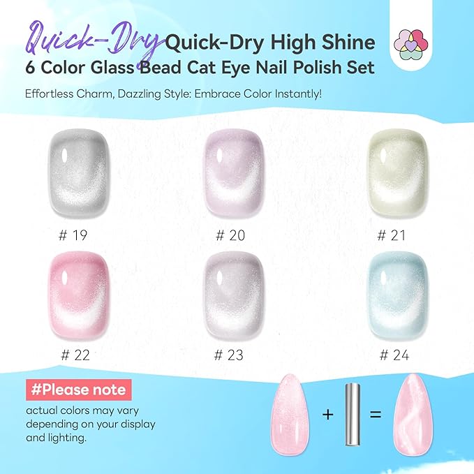 SAVILAND Color Artistry Cat Eye Nail Polish Set: Quick Dry 6 Colors Nail Polish with Magnet 12-Free Fingernail Polish Air Dry Nail Lacquer Bulk for Beginners Glass Bead Effect Manicure Women Gift