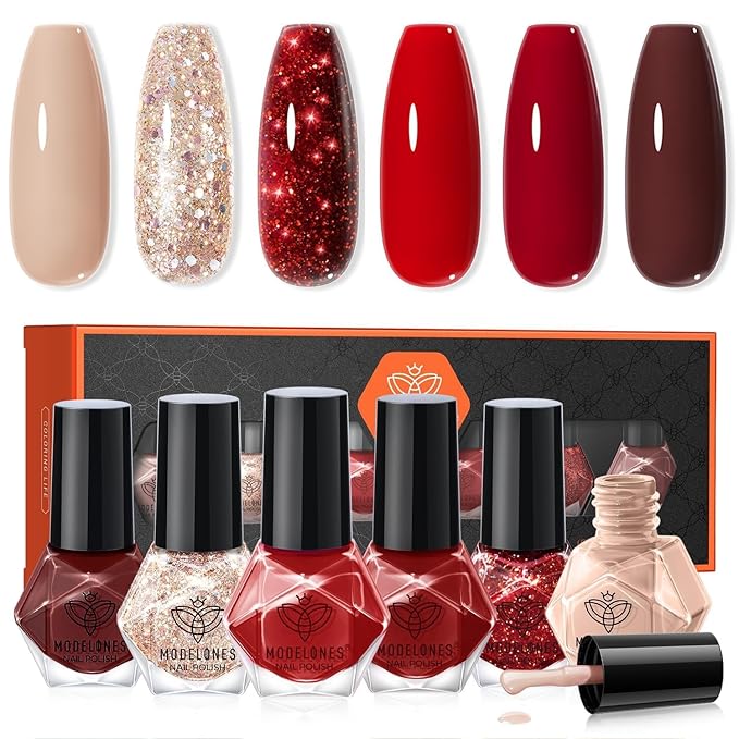 modelones Red Nail Polish Set 6 Colors, Nude Gold Burgundy Glitter Quick Dry Sparkle Mini Manicure Kit DIY Nail Art Salon Home Christmas Gifts for Women Girls