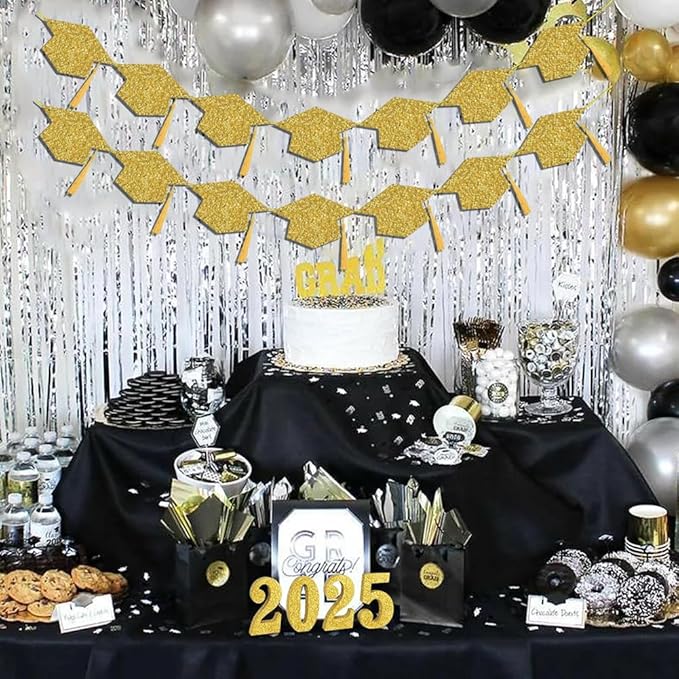 2025 Graduation Hats Decoration Banners Gold Glitter Graduation Cap with Tassel Banners Garlands Class of 2025 Graduate Party Banners for College High School Party Decorations