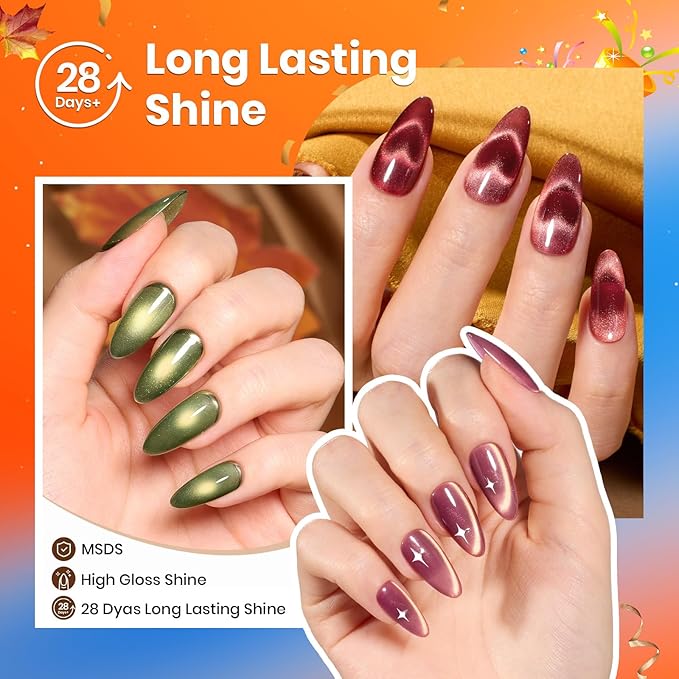 beetles Gel Polish Golden Mirage Cat Eye Gel Nail Polish Set - 6 Colors Pink Red Brown Green Blue Glitter Fall Gel Nail Kit, Magnetic Shine Soak Off UV Gel for Salon DIY Manicure Gift for Women