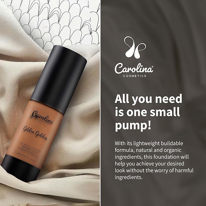 Carolina Cosmetics - Foundation in Golden Goddess Shade Plant-Based - Hydrating, Pore-Minimizing & Buildable Coverage - Vegan, Non-GMO - 1fl oz