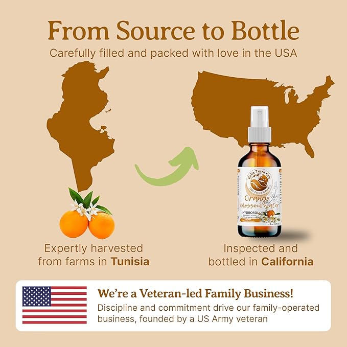 Bella Terra Oils - Organic Neroli Water 8 oz - A Gem of Hydrosol Waters, Infused with Limonene & Linalool, Revel in the Magic of Orange Blossom Toner