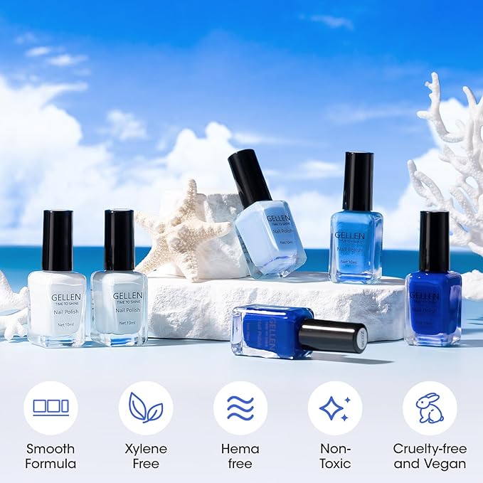 GELLEN Blue Nail Polish, Bright Navy Royal Baby Ocean Cobalt Blue White 6 Colors Set, insta Air Dry Natural Traditional Regular Nail Polish for Acrylic Natural Nails Salon Home, Non UV Gel, Hema Free