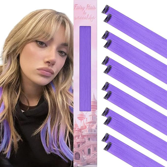 WENNALIFE 12 PCS Light Purple Hair Extensions Clip in, Colored Clip in Hair Extensions for Kids Highlights Rainbow Hair Clips for Girls Synthetic Straight Pop-up Style Colorful Girls Hair Accessories
