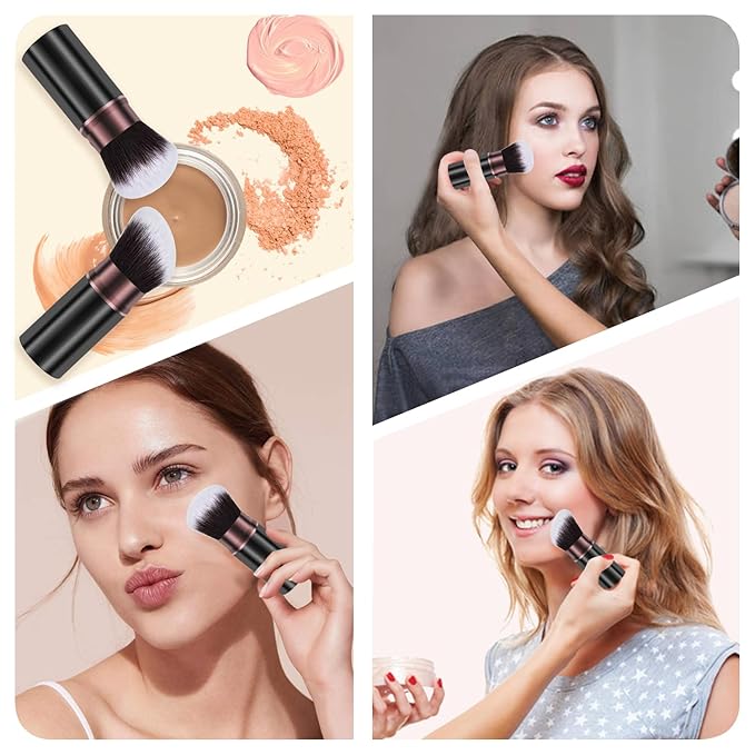 Retractable Kabuki Makeup Brush, 2 Pack Travel Powder Foundation Makeup Brush Face Blush Brushes for Blending Liquid, Blush, Bronzer, Buffing, Sunscreen,Flawless Cosmetics