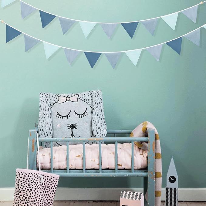 2 Strings Blue Pennant Banner Flags Nursery Garland Royal Linen Fabric Triangle Bunting Streamers for Baby's Room Decor Kids Boys Nautical Birthday Baby Shower Boho Wedding Event Party Decorations