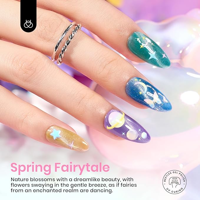 Beetles Spring Gel Nail Polish Set, 6 Colors Cat Eye Gel Nail Set Glitter Velvet Valentines Gel Polish Kit with Magnet Fairytale Series Soak Off Uv Led DIY Manicure Gift for Women