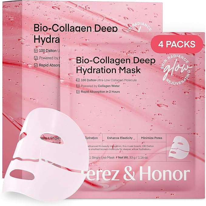 TEREZ & HONOR Collagen Face Mask: Korean Real Deep Bio Hydrogel Overnight Masks for Deep Hydration, Glowing, Pore Minimizing, Elasticity, 4 x 33g Fragrance-Free, 100 Da Ultra-Low Molecular Collagen