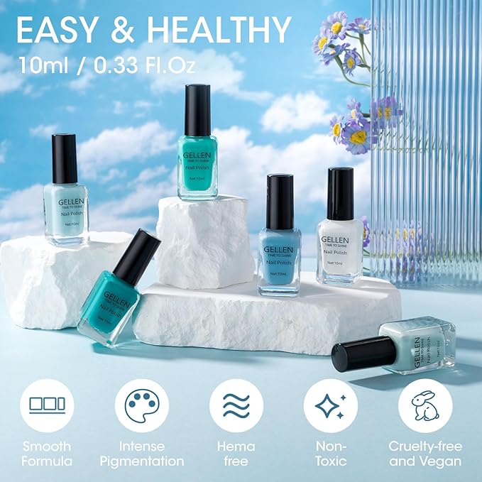 GELLEN Teal Regular Nail Polish Non Gel, Fast Air Drying Mint Turquoise Nail Polish No UV Light Needed Spring Summer 6 Colors Blue Green Set for Women Girls Manicure Home Salon, Hema Free, 0.33 Fl.Oz