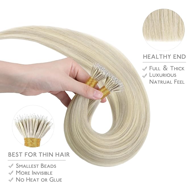 WENNALIFE Nano Bead Hair Extensions Human Hair, 50g 50s 18 Inch Ash Blonde Highlighted Platinum BlondeReal Human Hair Extensions for Women Invisible Nano Ring Hair Extensions Remy Hair Extensiones